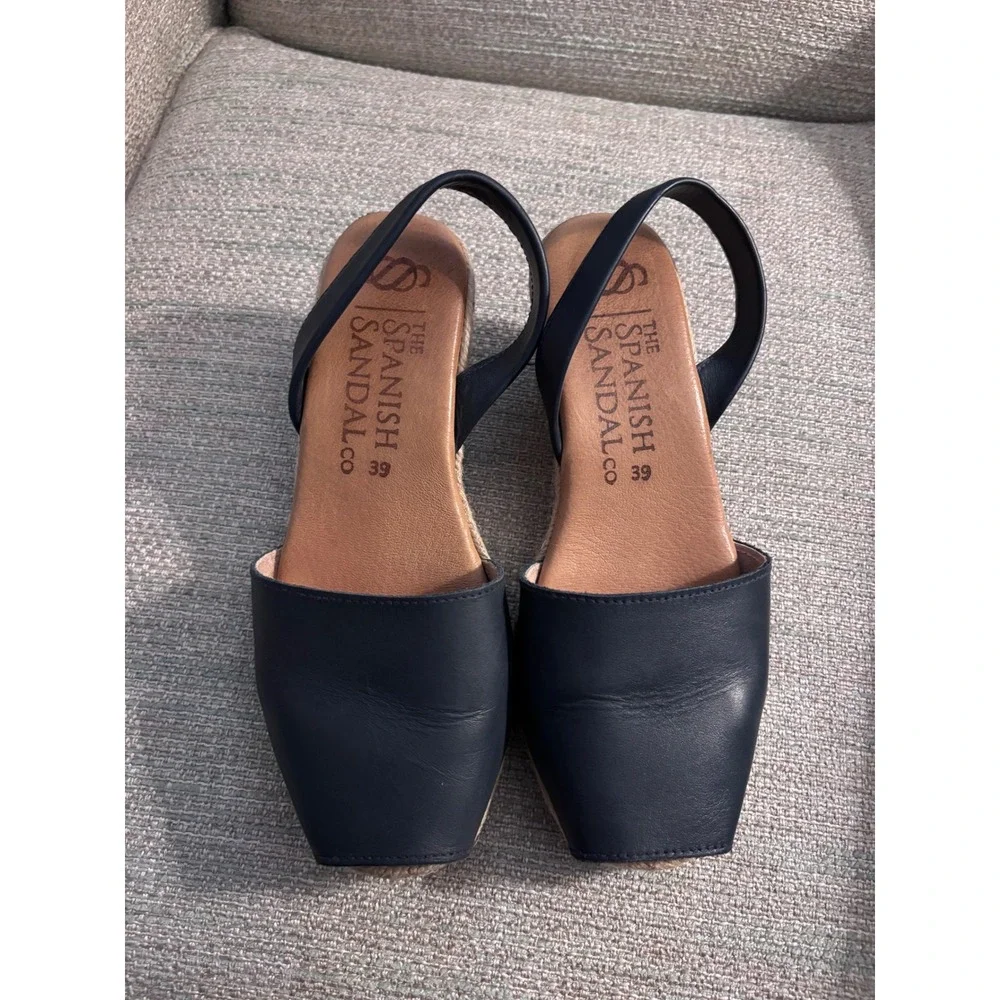The Spanish Sandal Co Navy Leather Espadrille Wedge Sandals Slingback Size 39